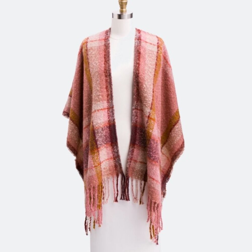 Echo Raelynne Checkered Pink Red Plaid Fringe Wrap Shawl OS NWT